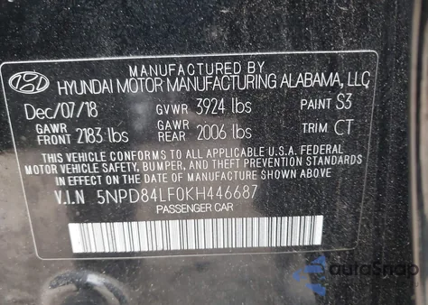 2019 Hyundai Elantra Limited z USA, uszkodzony, nr VIN 5NPD84LF0KH446687